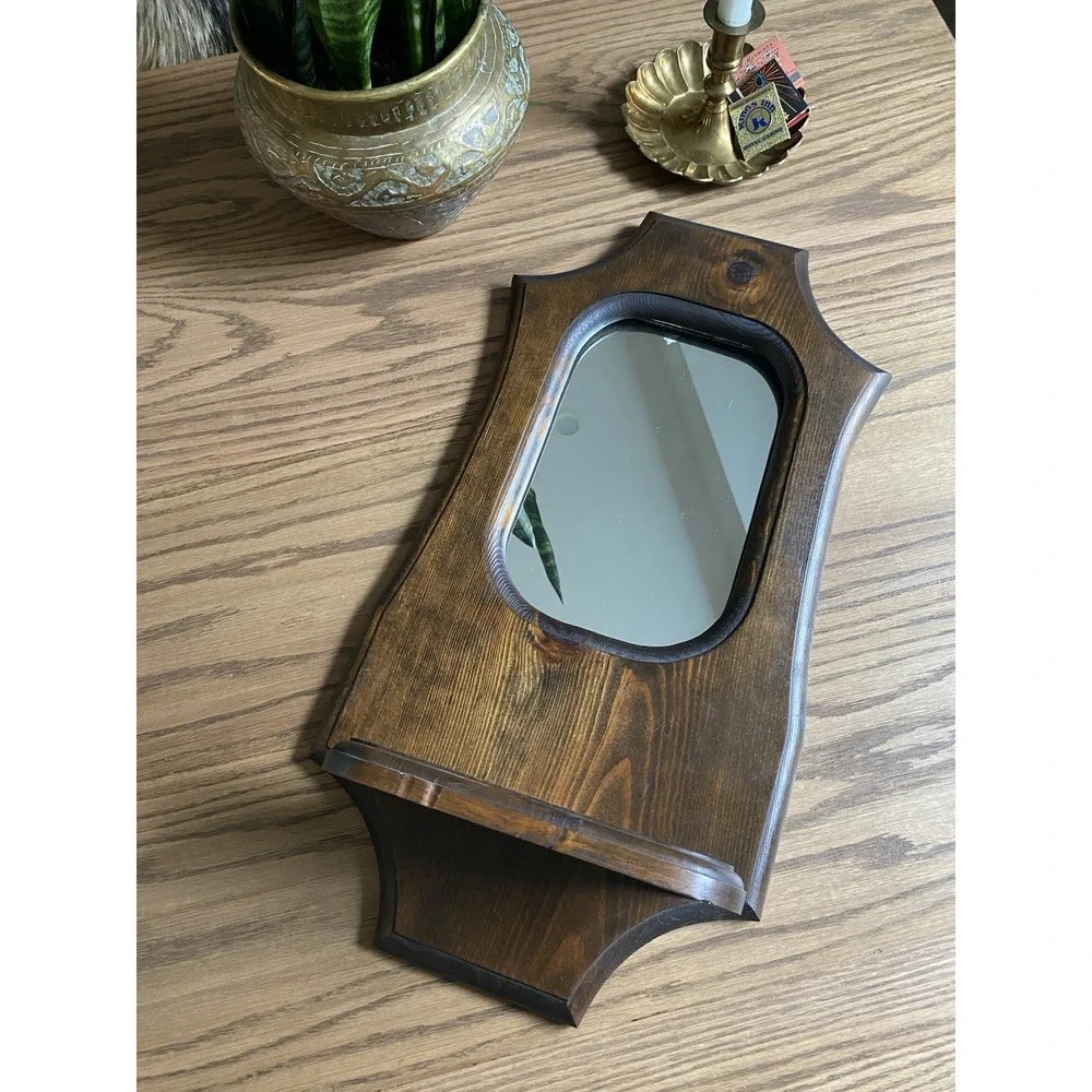 Vintage 1960s Wooden Shelf with Mirror Cottagecore Wall Mirror Wood Shelf